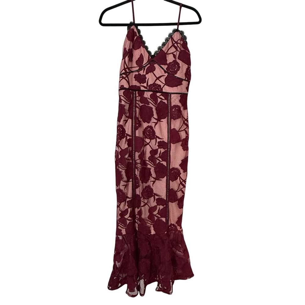 Lulus Mermaid Slip Maxi Dress Burgundy Sz S Formal Wedding Guest Floral Lace - Picture 2 of 11